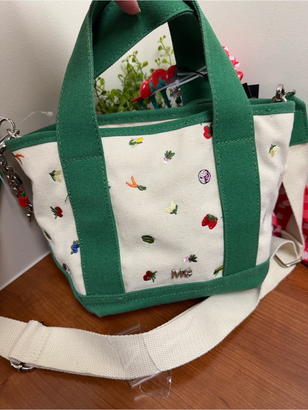 Madden Girl Green and Cream Embroidered Tote with Red Gingham Scarf - Picture 9 of 9